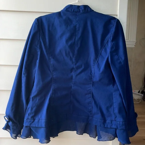Like New! Chico's Navy Blue Velvet Military Jacket w/Button Accents & Ruffle Hem - Picture 4 of 7